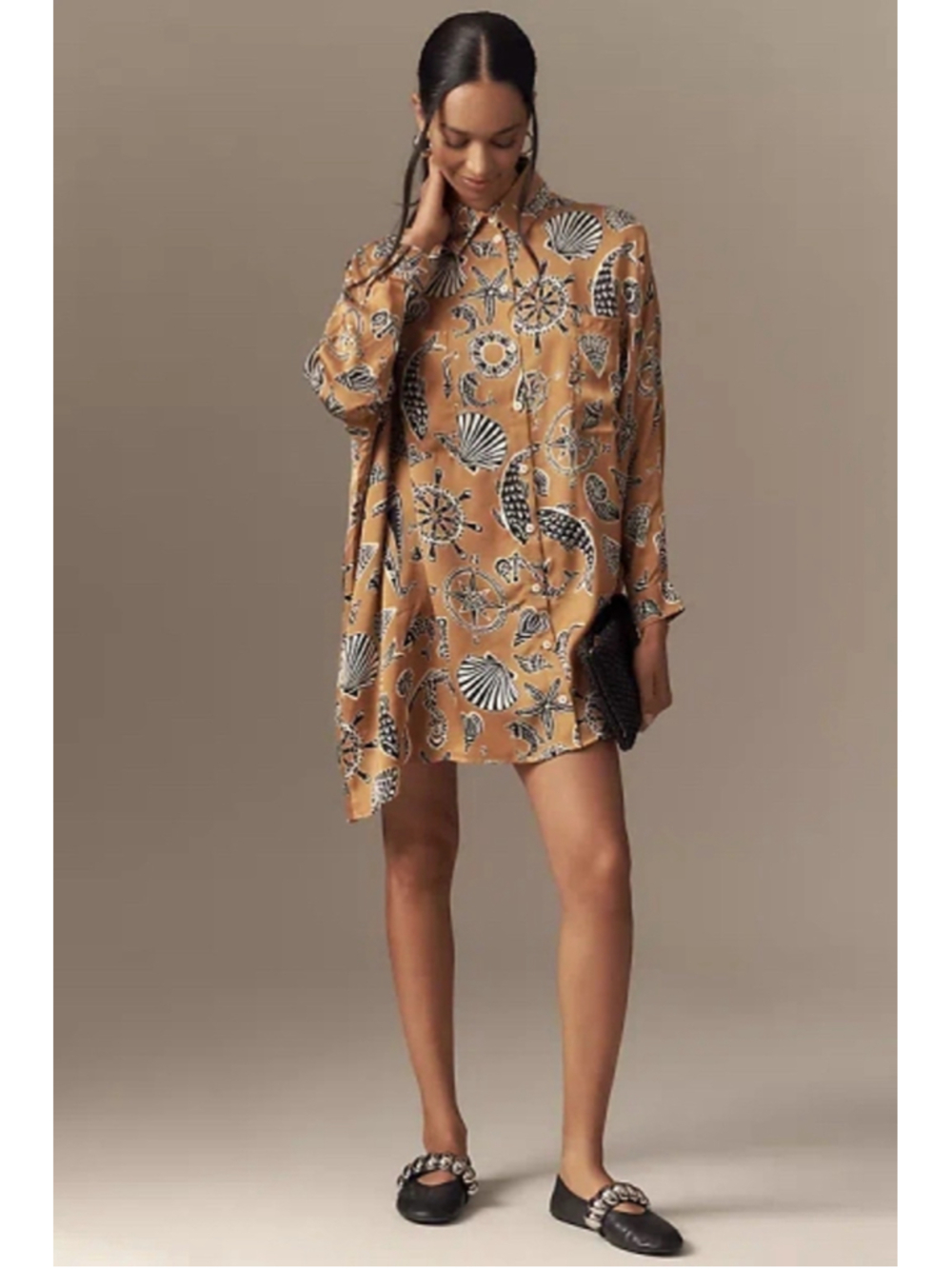 NWT Corey Lynn Calter Anthropologie Shirt Dress S Satin Nautical Shell Print